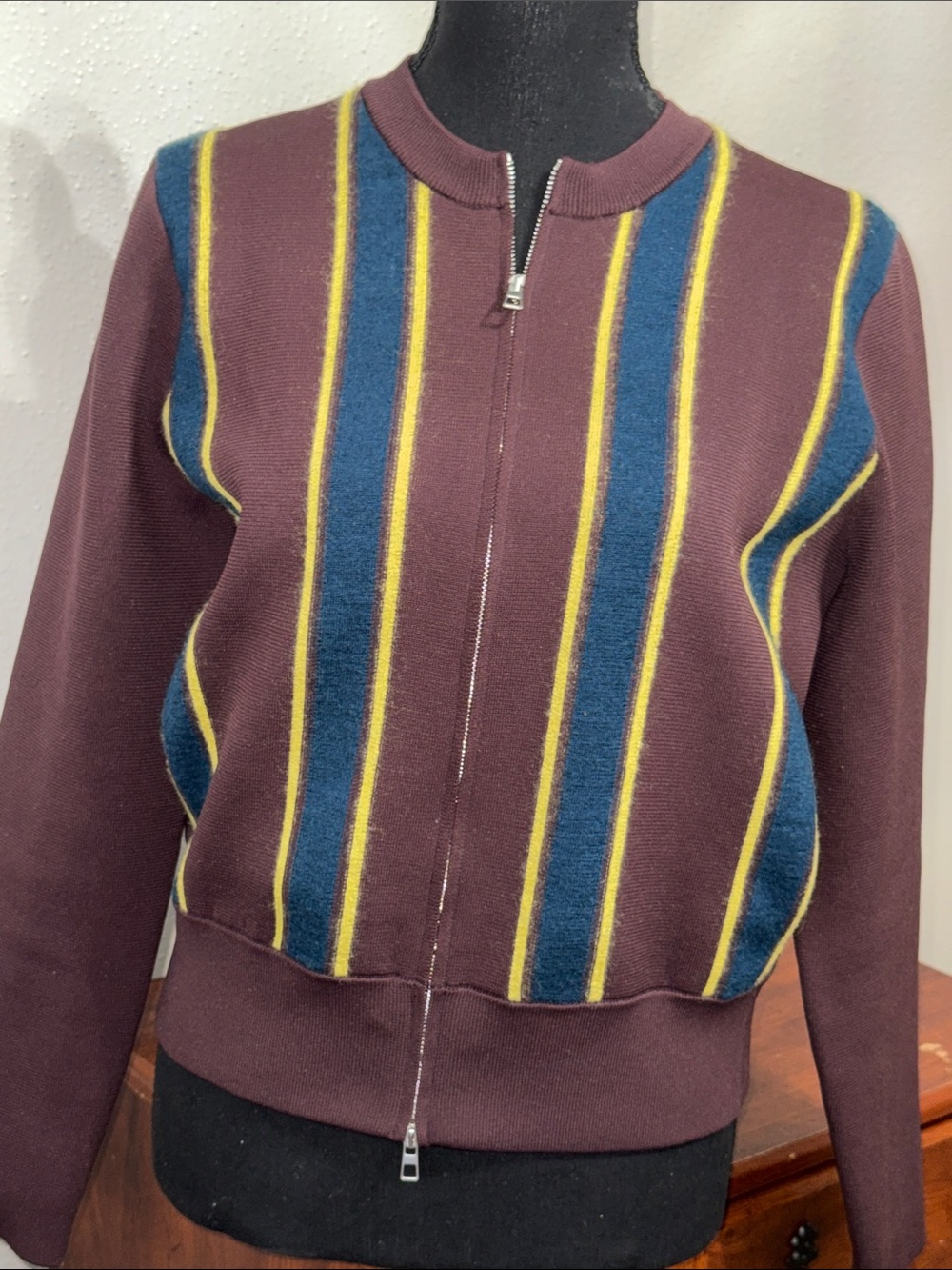 Tory Burch Maroon Bomber Jacket with Navy and Yellow Stripes